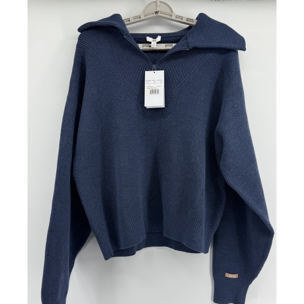 Lunya Women's‎ Cozy Cotton Silk Collared Half Zip Pullover Sweater Blue Size M